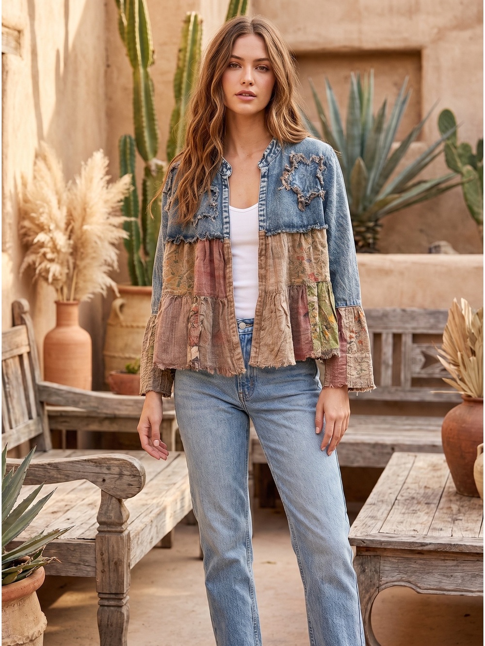YOUNG THREADS Star Patch Denim Patchwork Shrug Gravel NWT XL - Picture 4 of 5